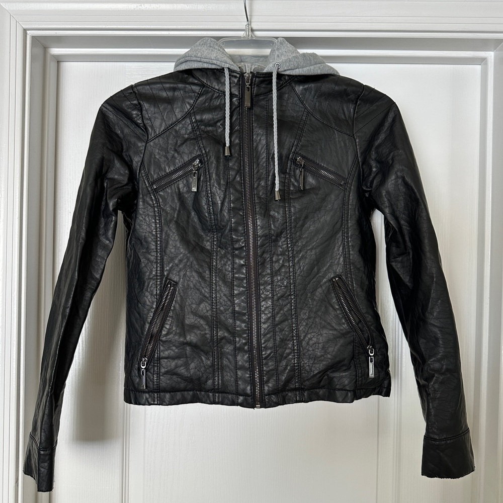 J2 Faux Leather Jacket with zipped in hoodie and faux fur lining